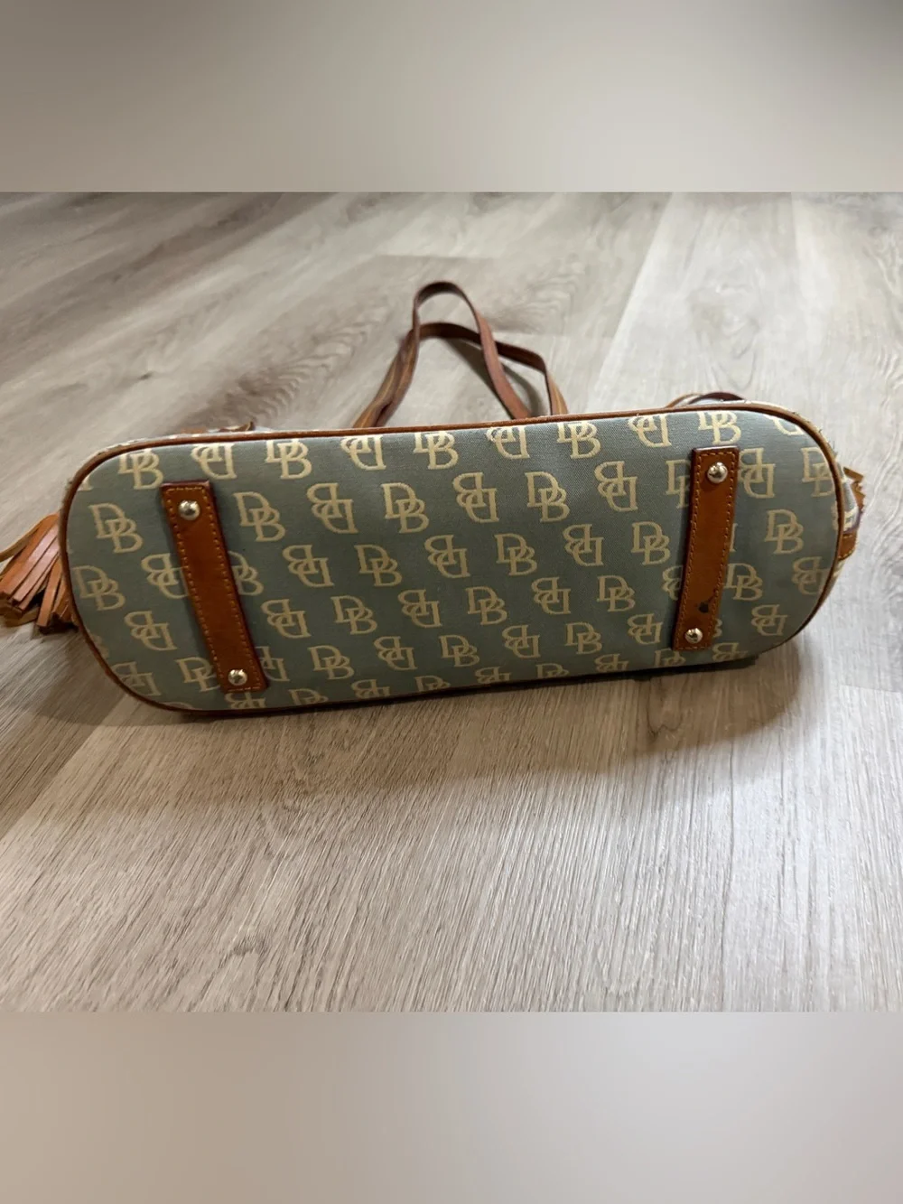 Dooney & Bourke Light Blue Monogram Tote with Brown Leather Trim